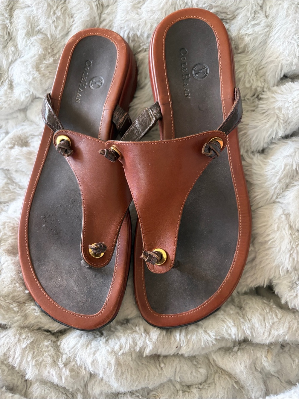 Cole Haan Brown Leather Toe-Ring Sandals with Gold Accents